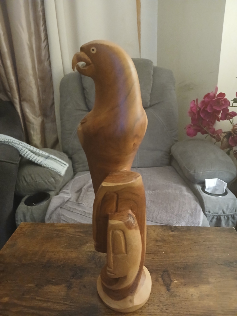Hand-Carved Wooden Parrot Sculpture in Warm Brown